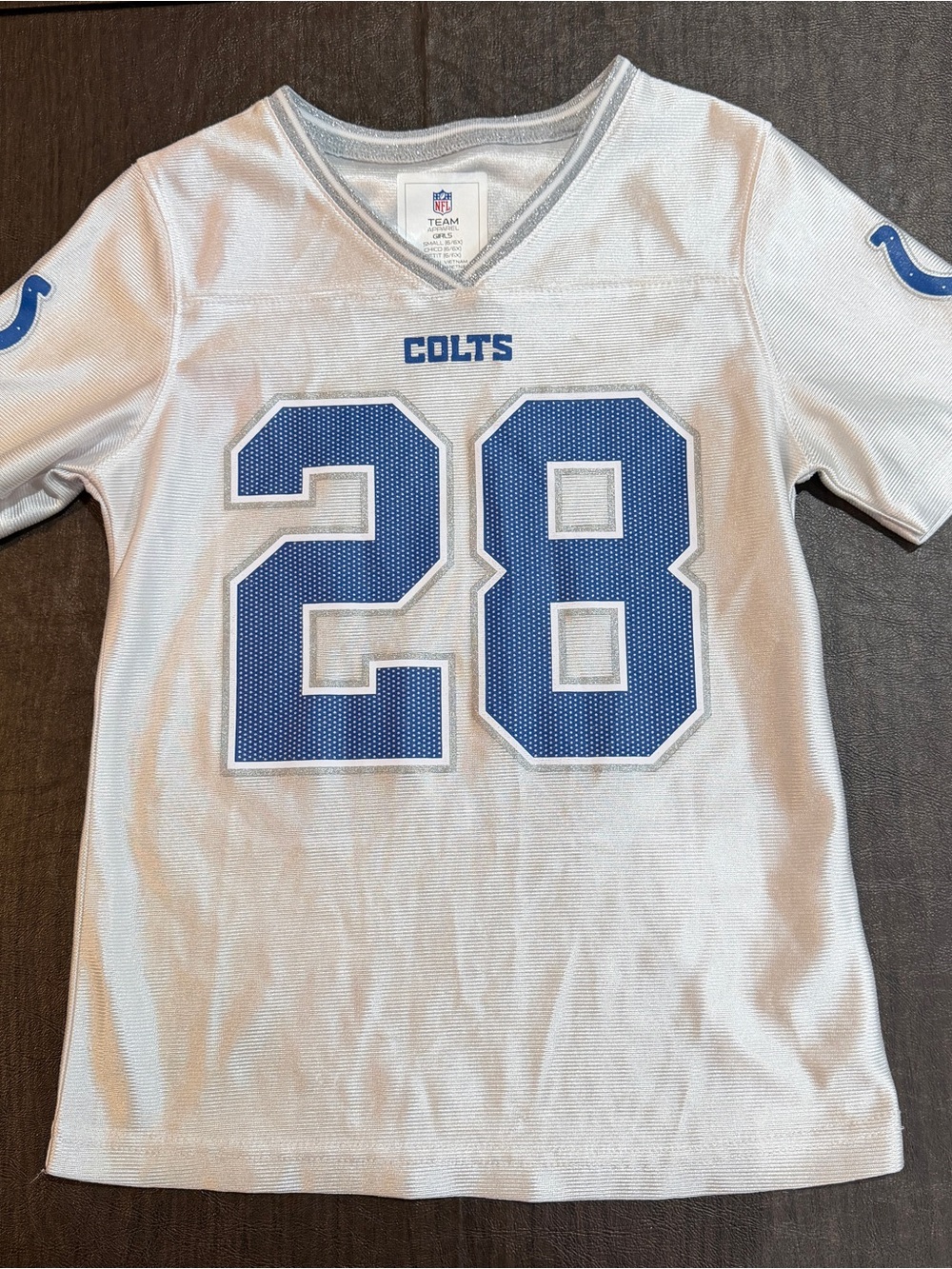 NFL Indianapolis Colts White Jersey with Silver Glitter Collar  #28 Taylor Sz 6X